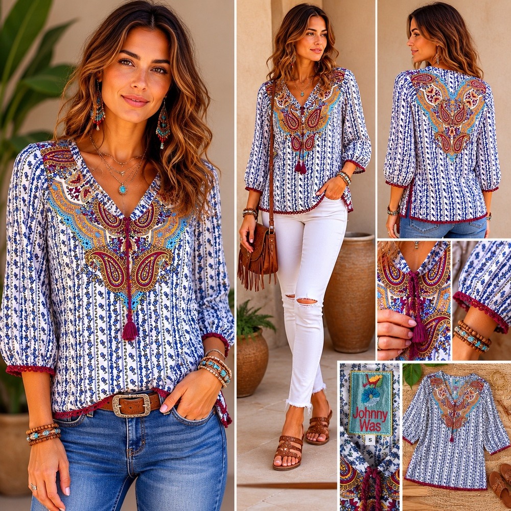 Johnny Was Tunic Top Paisley Floral 100% Silk Boho Tassel Trim Small FLAW